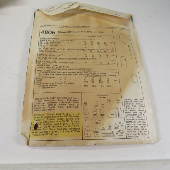 McCalls 4806 Toddler size 3 Coat & Hat - Picture 12 of 13